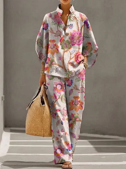 Stand-up collar polo shirt & wide-leg pants retro print two-piece set