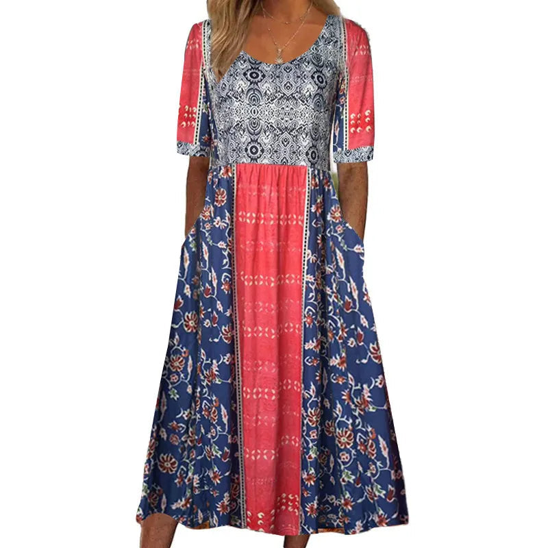 Women's round neck short sleeve bohemian print dress