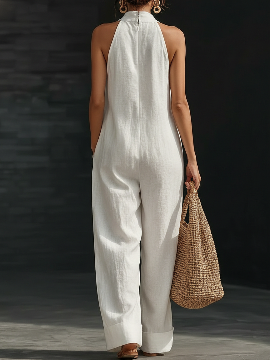 Halter Neck Linen Jumpsuit | Women's Wide Leg One Piece Outfit