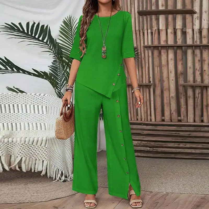Women Irregular Hem Button Detail Top & Side Slit Wide Leg Pants 2 Piece Linen Look Set