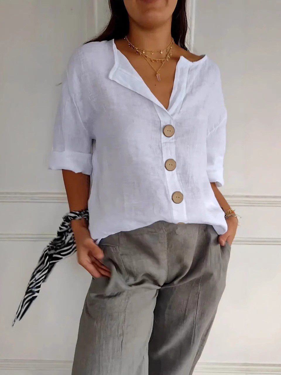 Loose Shirt Women's V-neck Cotton and Linen Button T-shirt Top Women
