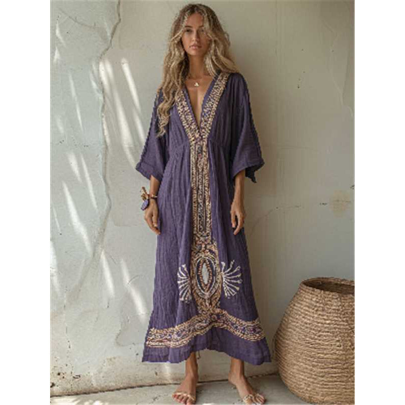 Women's V-Neck Linen-Blend Kaftan Dress