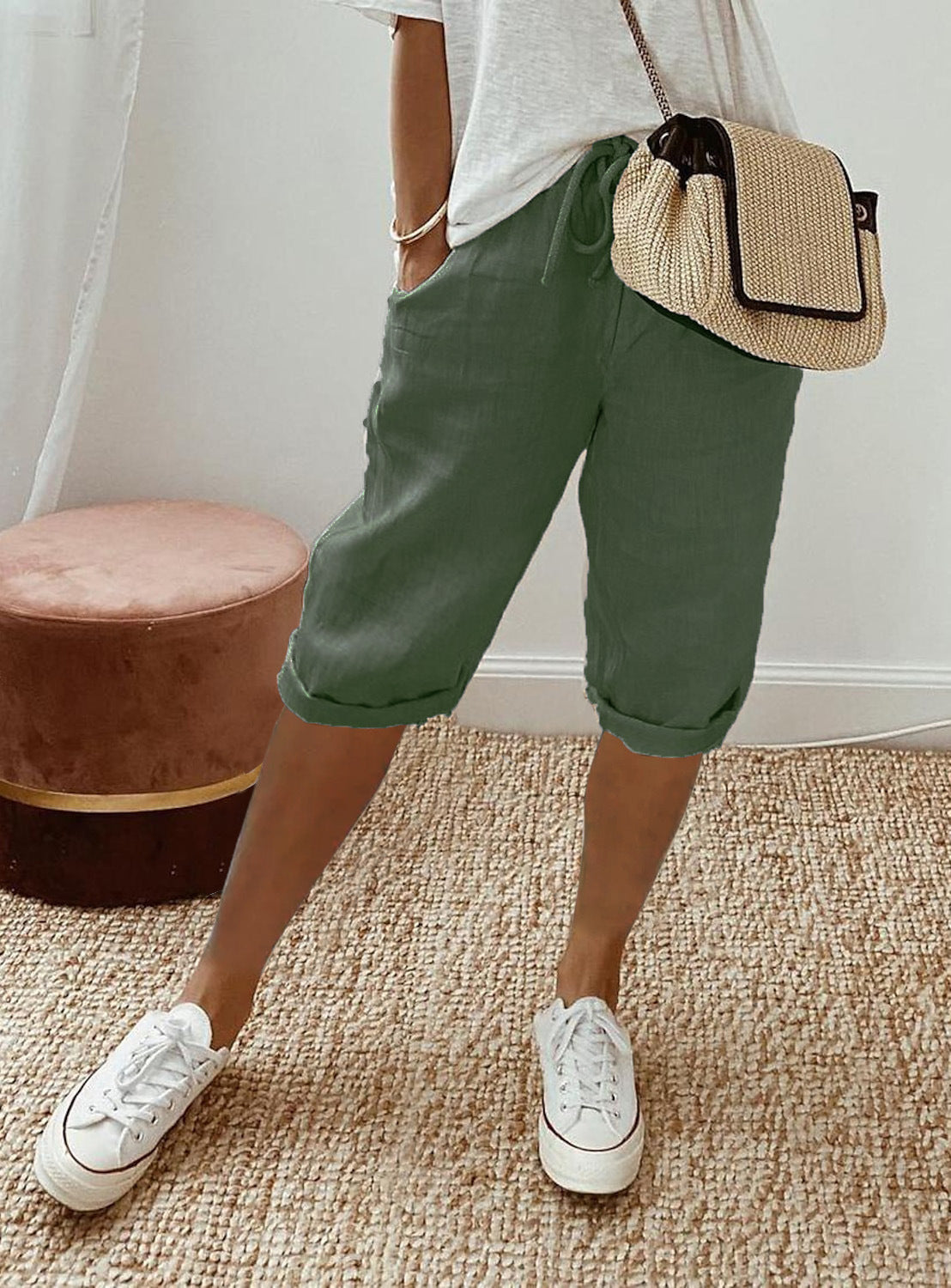 Women's Elastic Waist Casual Pants with Flap Pockets