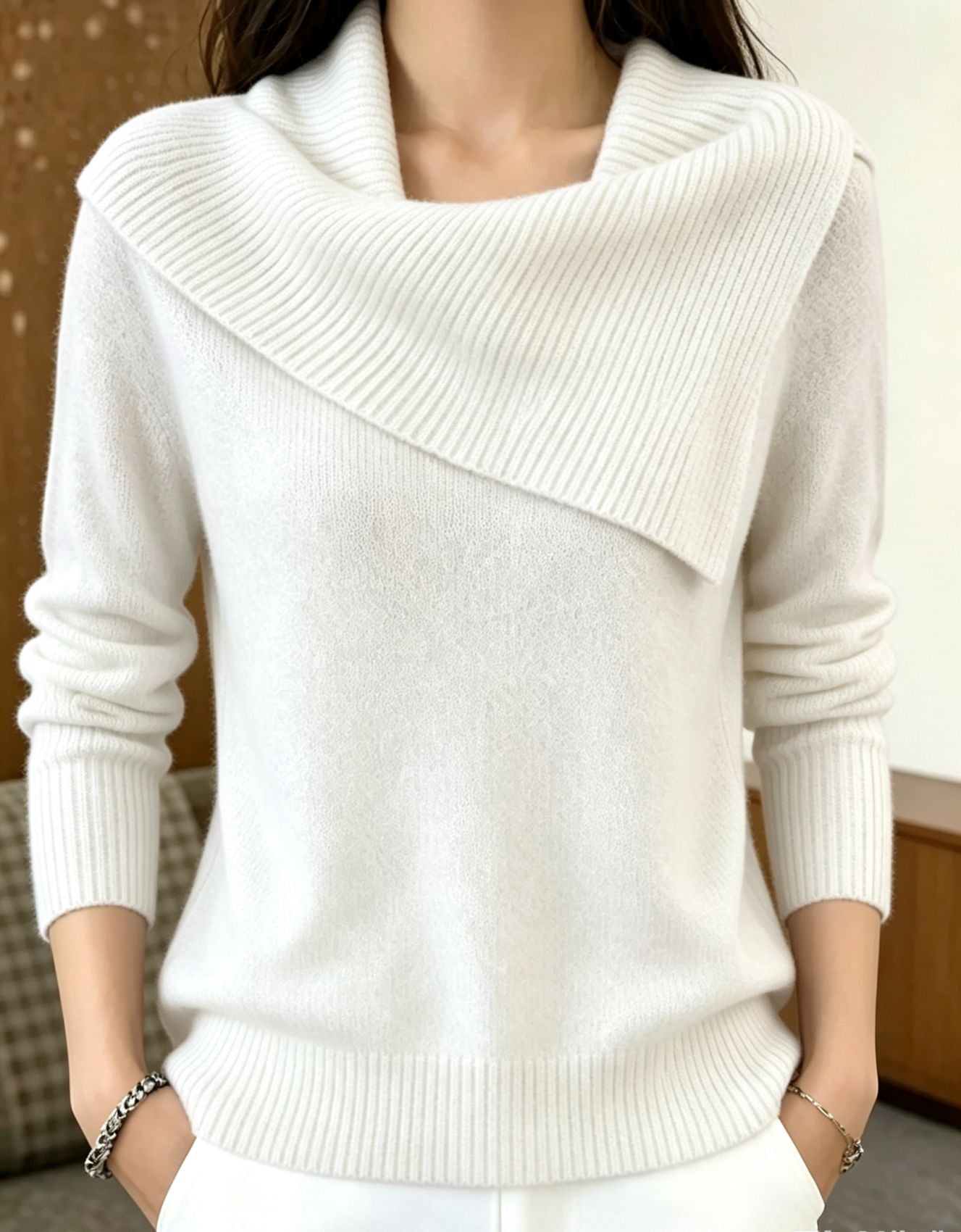 Women's Asymmetric Wide-Collar Knit Sweater