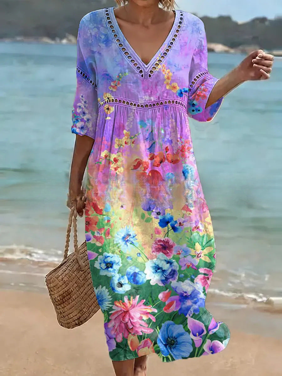 Women's V-Neck Floral & Print Midi Dress