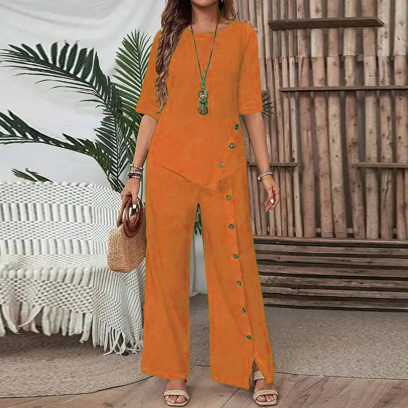 Women Irregular Hem Button Detail Top & Side Slit Wide Leg Pants 2 Piece Linen Look Set