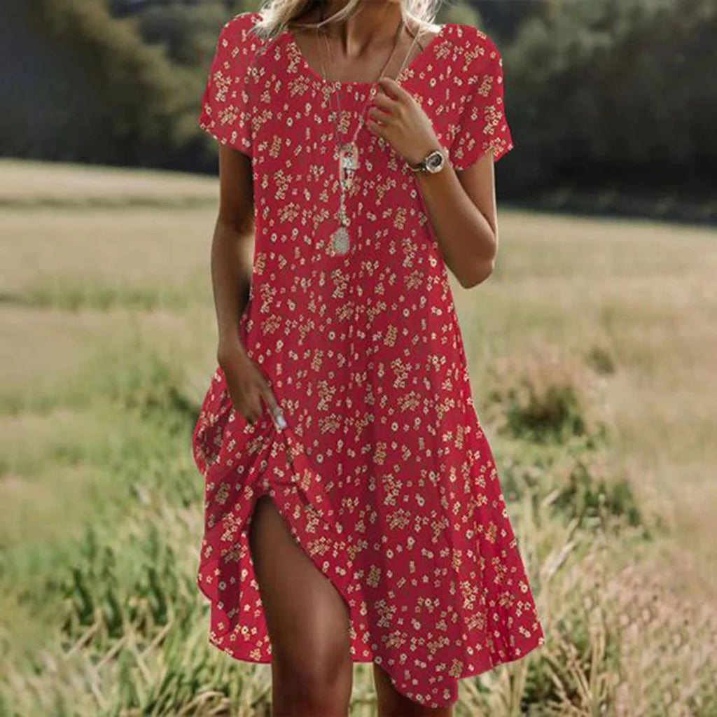 Artistic ethnic style midi dress with a large round neck