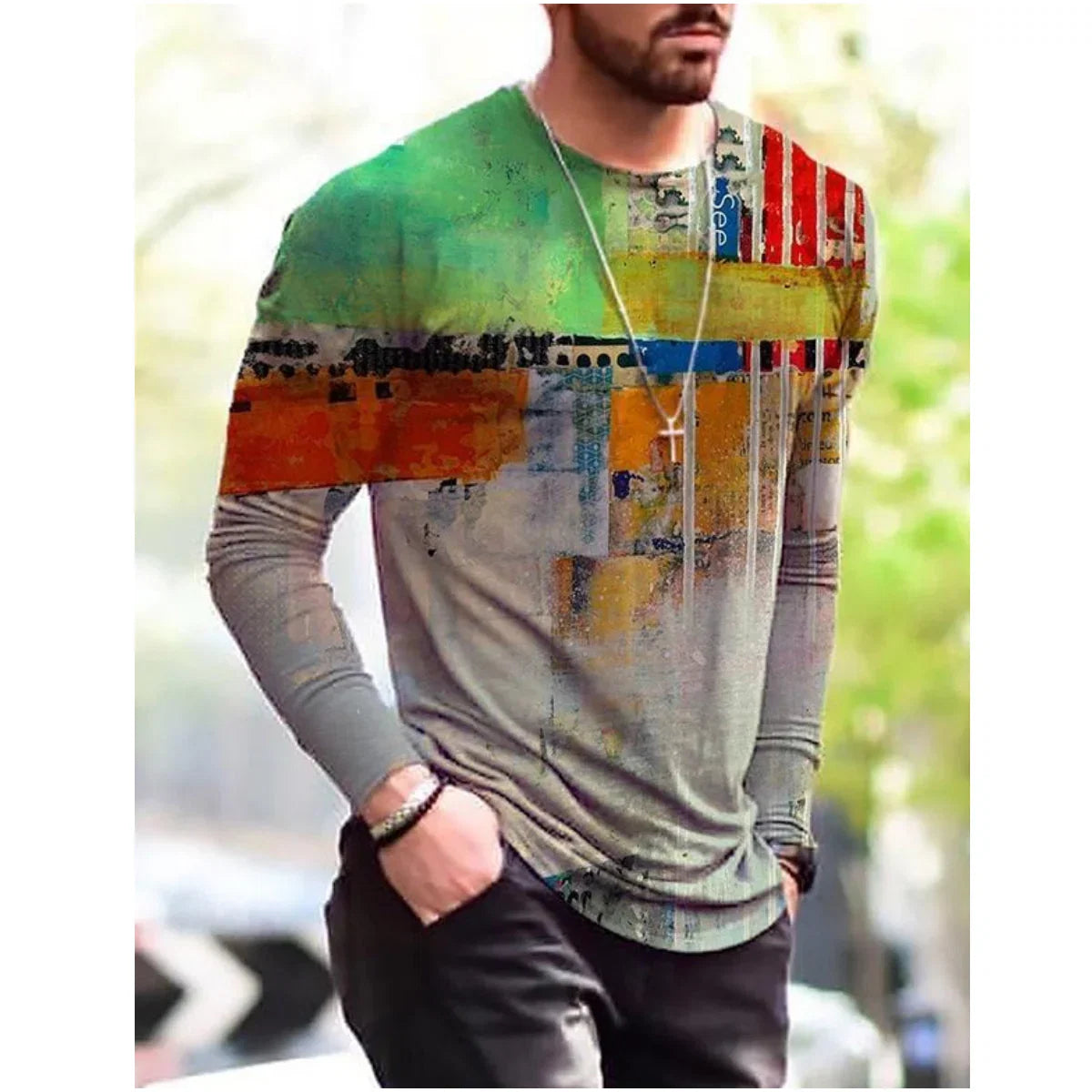 Men's Art Print Long Sleeve Casual T-Shirt