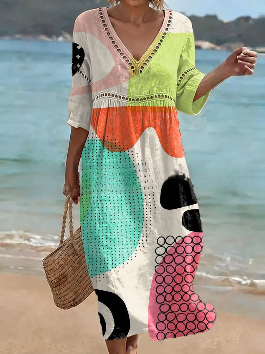 Women's V-Neck Floral & Print Midi Dress