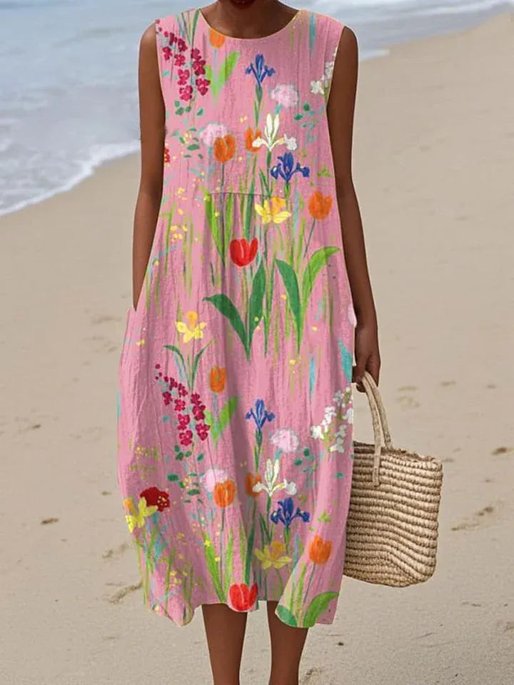 Cotton Linen Printed Midi Dress | Women's Sleeveless Beach Vacation Dress