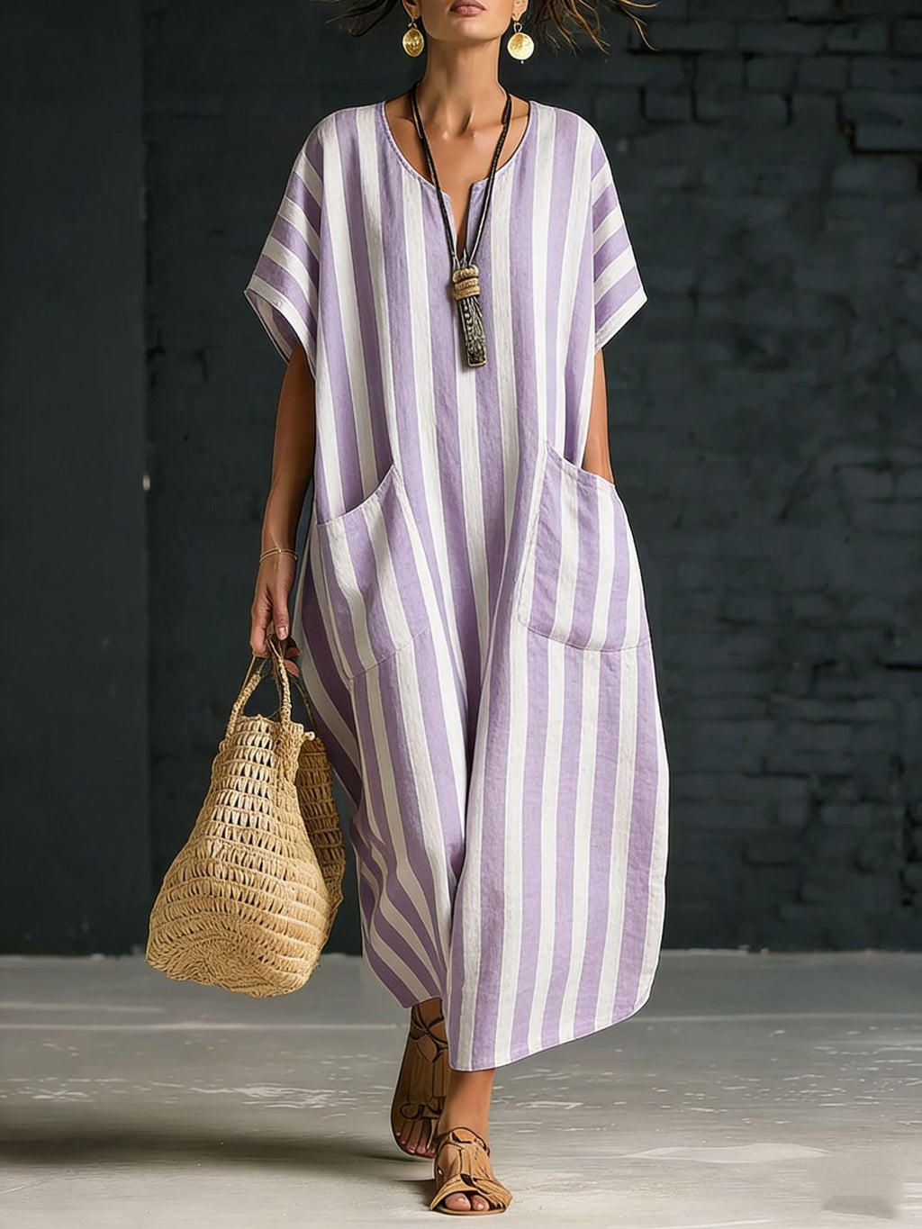Women's V-Neck Striped Linen Dress