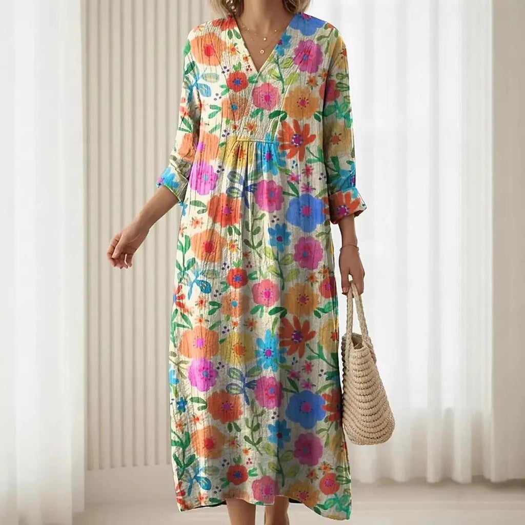 Women's Boho Floral Print Linen Maxi Dress