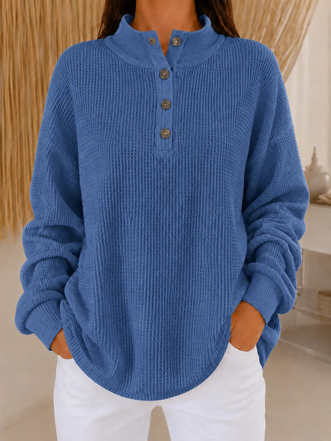 Cozy Luxe Waffle Knit Button-Down Pullover - Loose Fit Casual Long Sleeve Tops