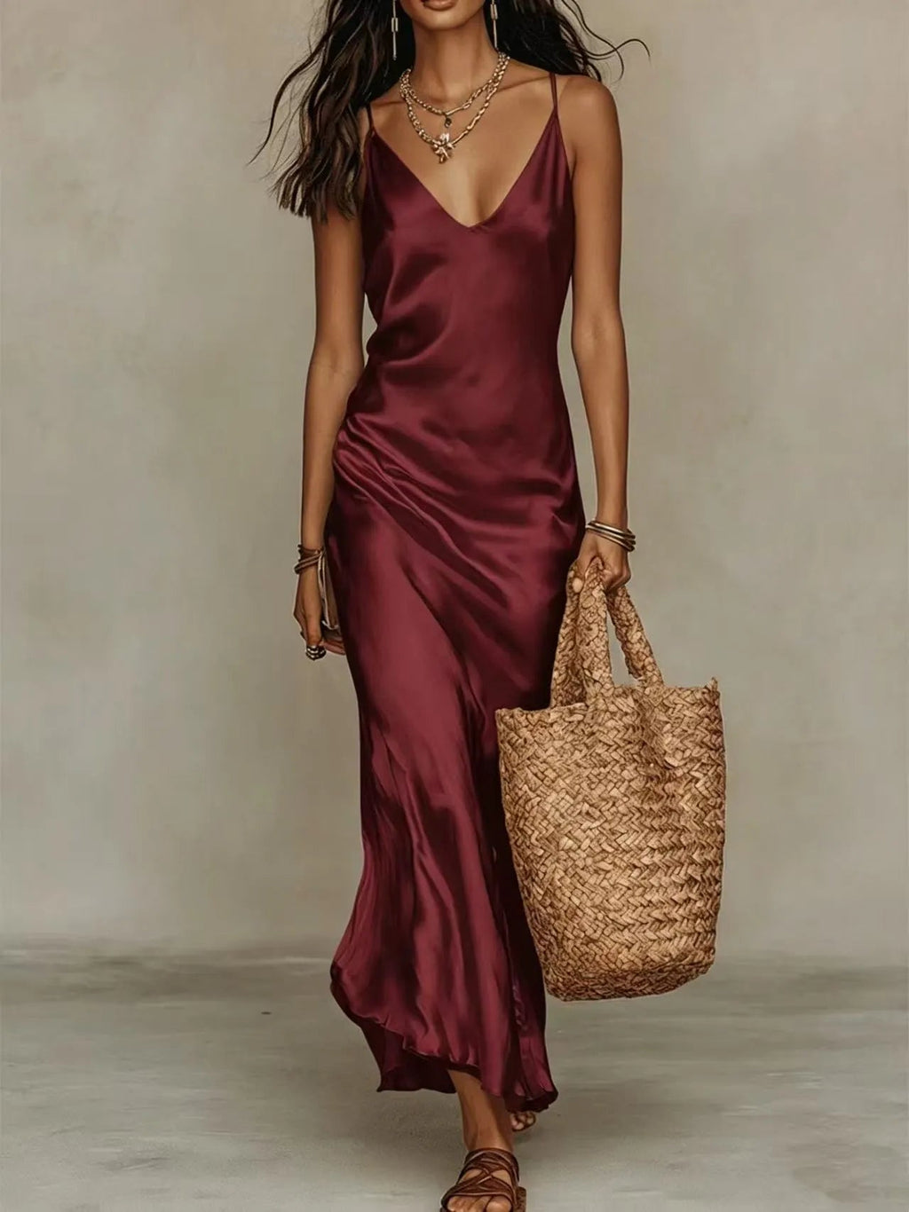 Women V Neck Loose Knit Pullover Satin Spaghetti Strap Midi Dress Layered 2 Piece Outfit Set