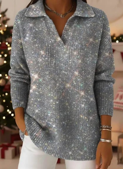 V‑Neck Polo Style Rib Knit Long Sleeve Sweater For Women