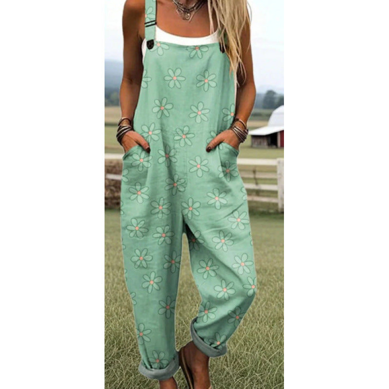 Printed Loose Overalls | Women's Casual Sleeveless Jumpsuit