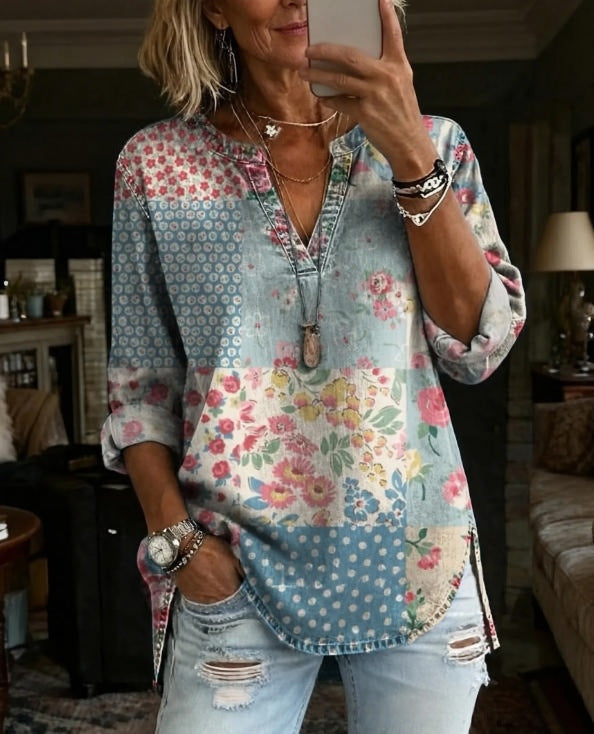 Bohemian Graphic Print Women Tunic Top Notch Collar Half Placket 3/4 Sleeve Pocket Casual Daily Blouse