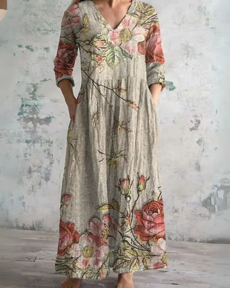 Women's Boho Floral Print Linen Maxi Dress