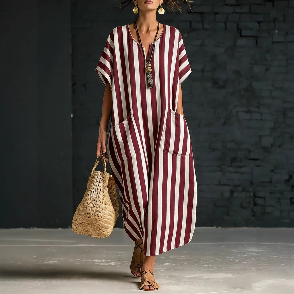 Women's V-Neck Striped Linen Dress