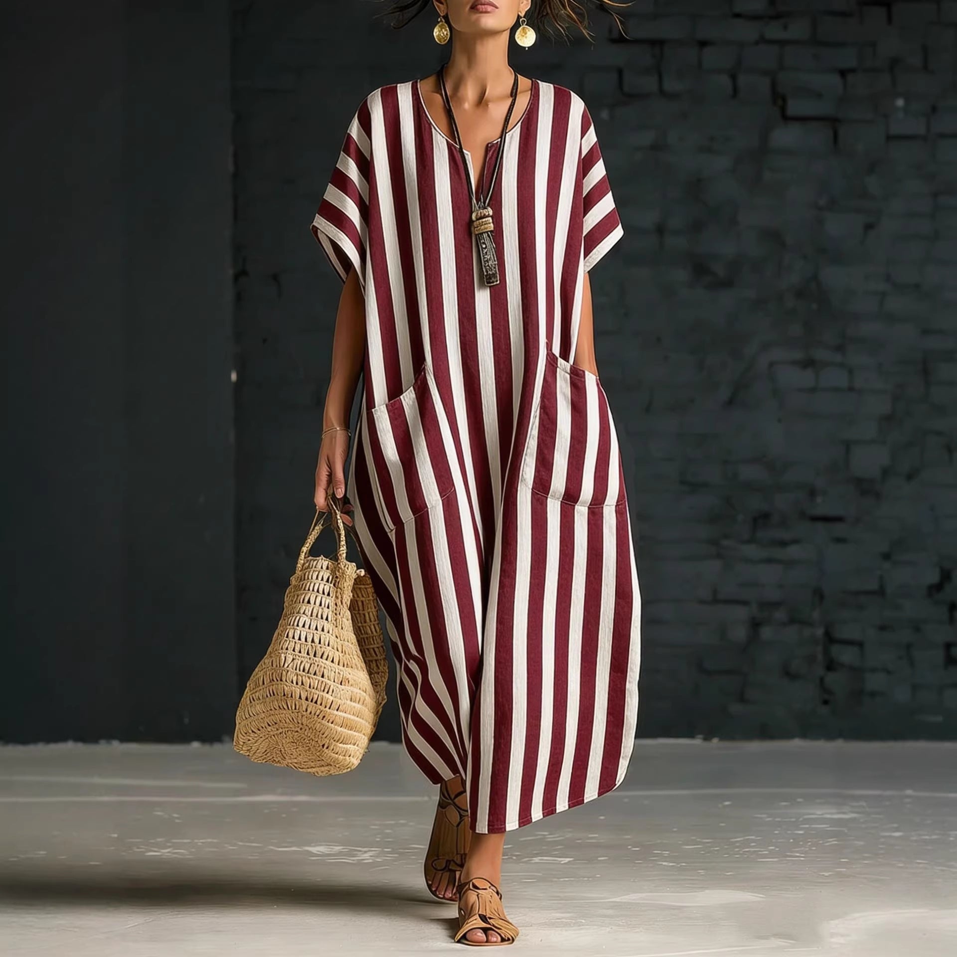 Women's V-Neck Striped Linen Dress