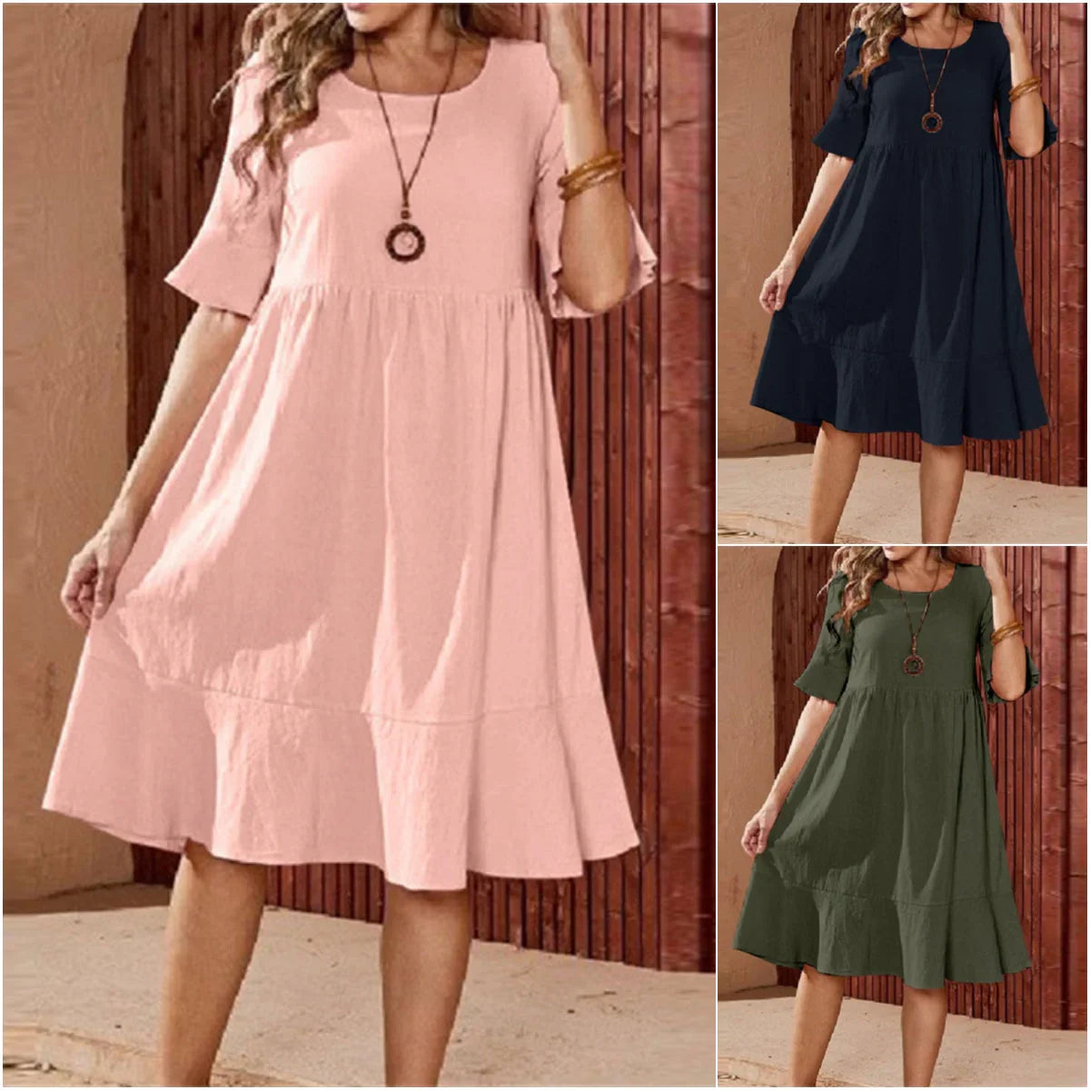 Women's Linen Ruffle Hem Midi Dress