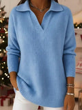 V‑Neck Polo Style Rib Knit Long Sleeve Sweater For Women
