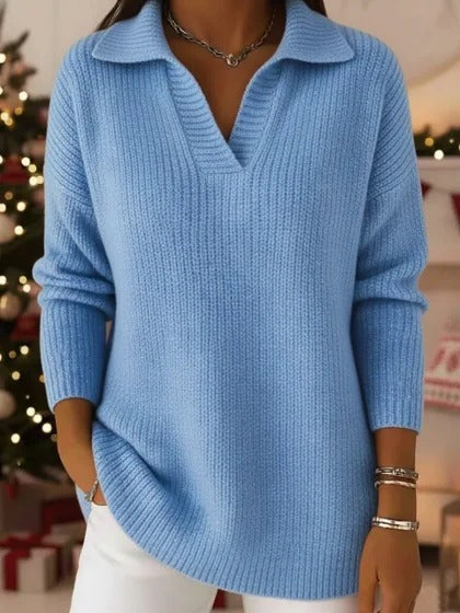 V‑Neck Polo Style Rib Knit Long Sleeve Sweater For Women