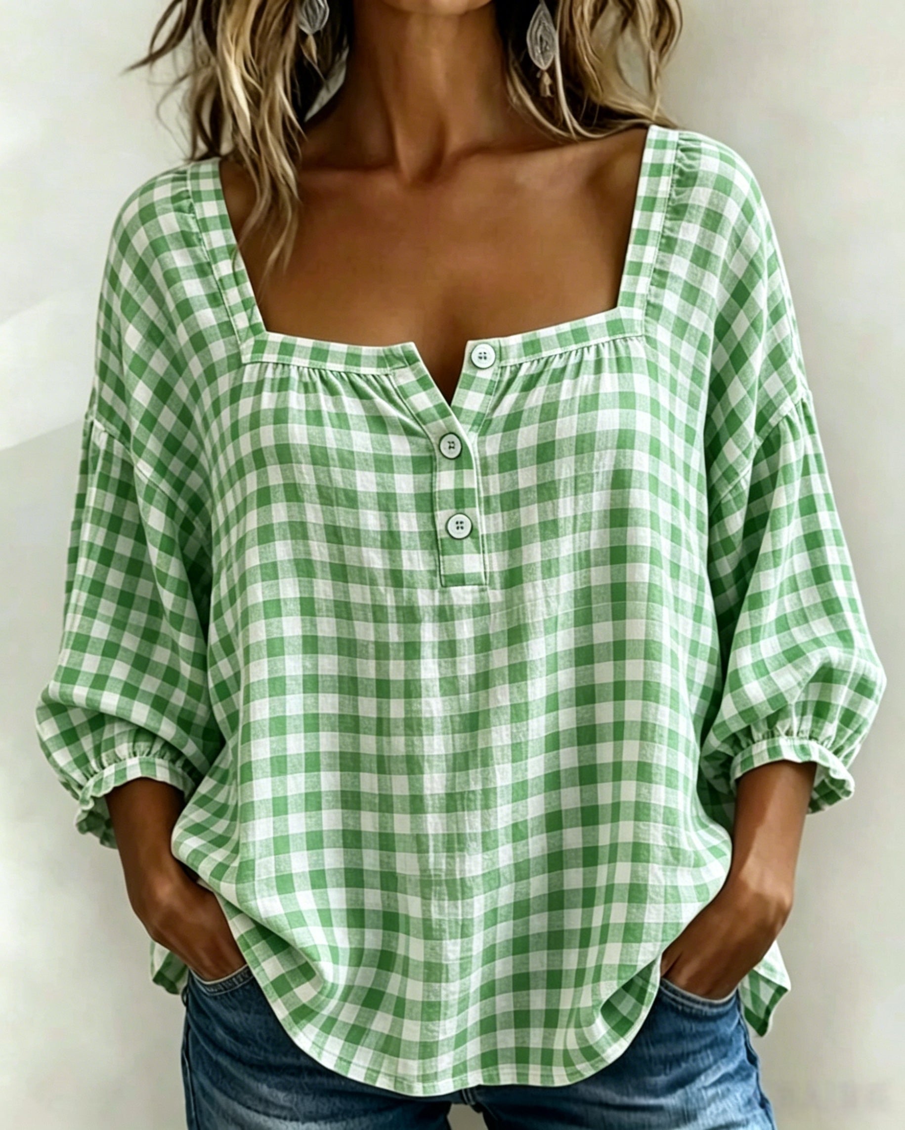🌸Today 49% OFF🌸Women’s Cotton Linen Gingham Square-Neck Short-Sleeve Top