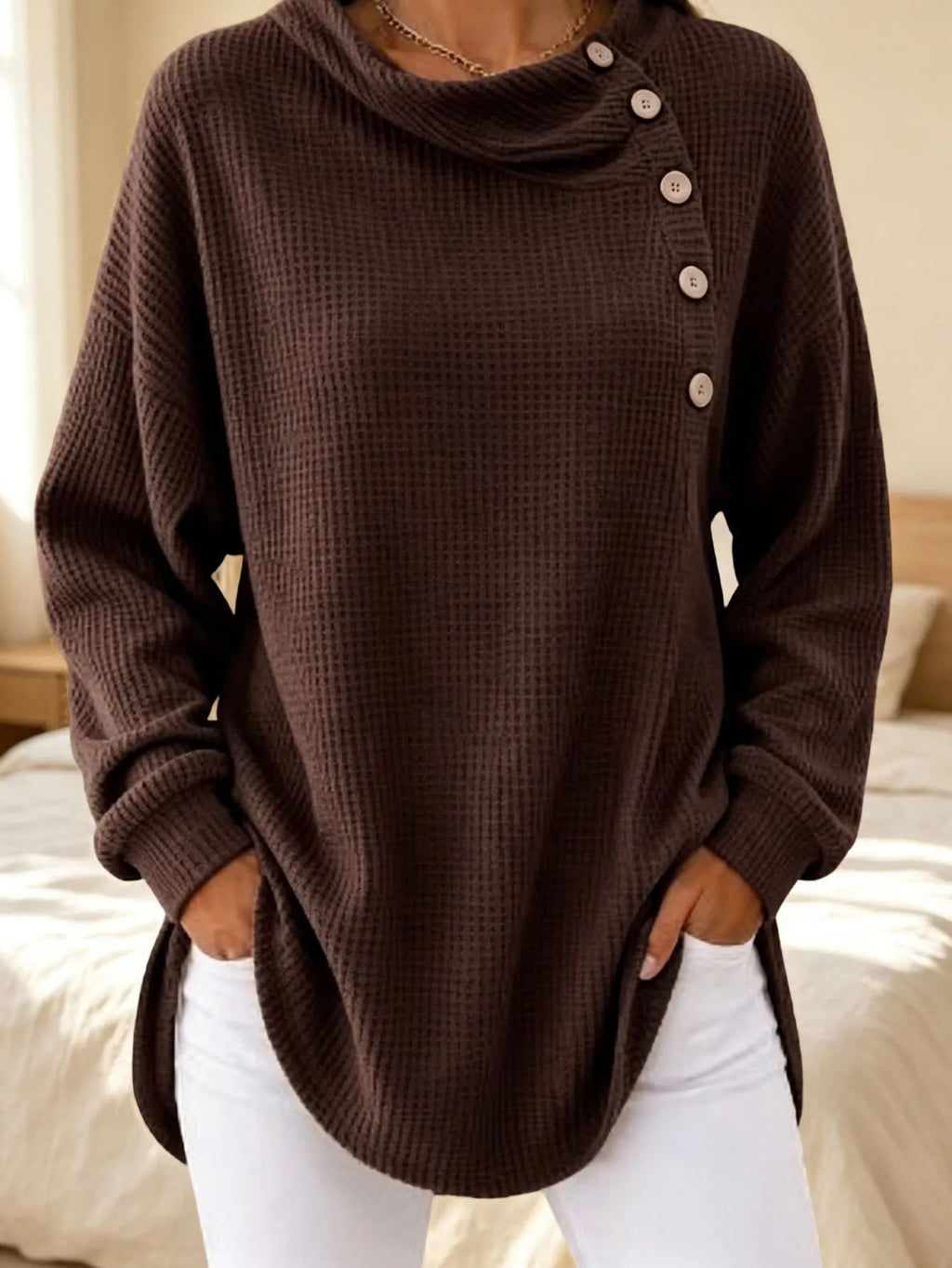 Stylish Asymmetrical Button Waffle Knit Tunic With Side Slit