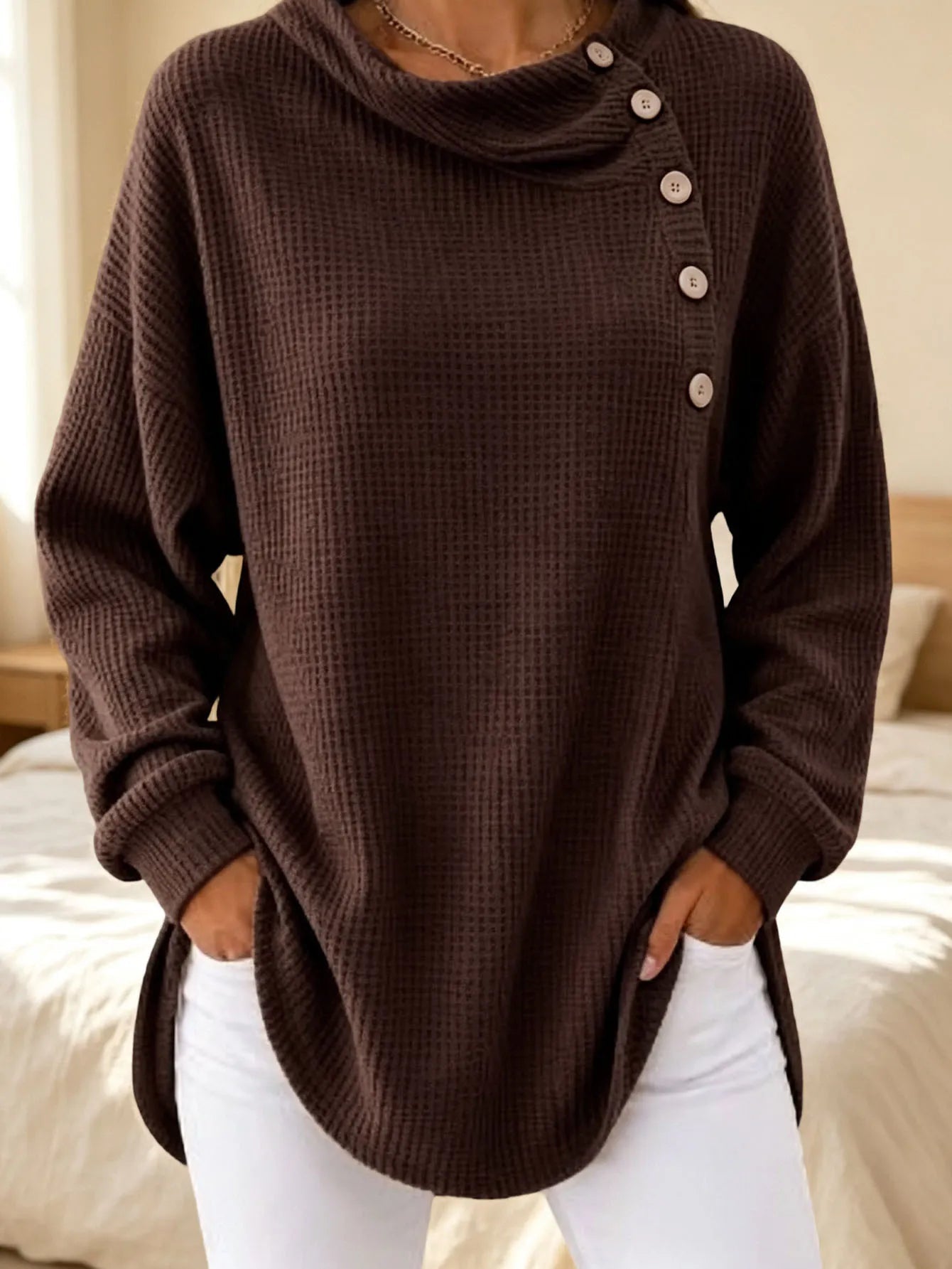 Stylish Asymmetrical Button Waffle Knit Tunic With Side Slit