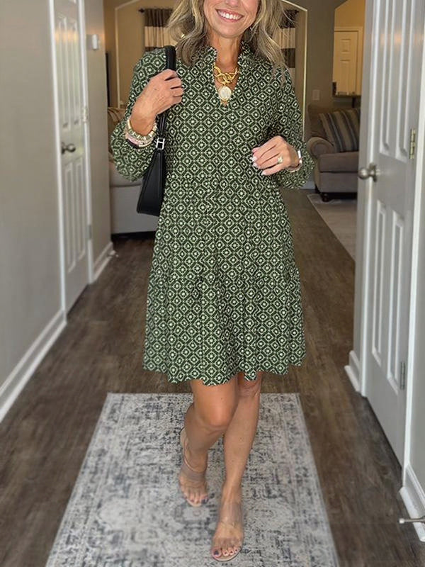 Women's V Neck Vintage Printed Dress