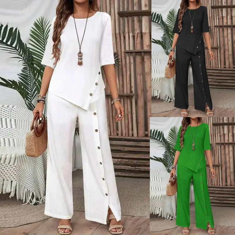 Women Irregular Hem Button Detail Top & Side Slit Wide Leg Pants 2 Piece Linen Look Set