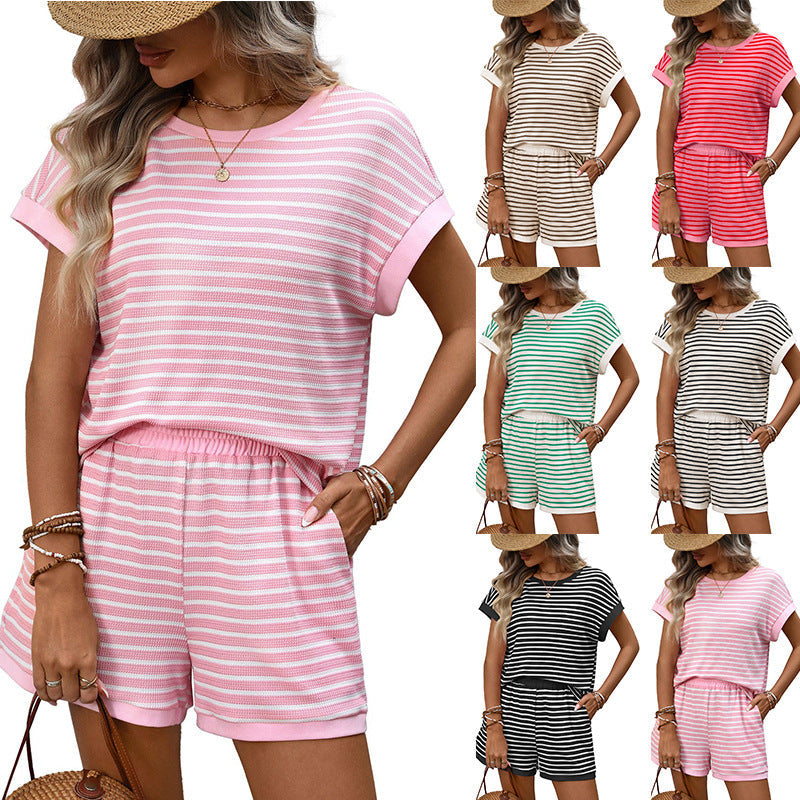 Loose Striped Round Neck Tee & Drawstring Pocket Shorts Casual Vacation Co Ord Set