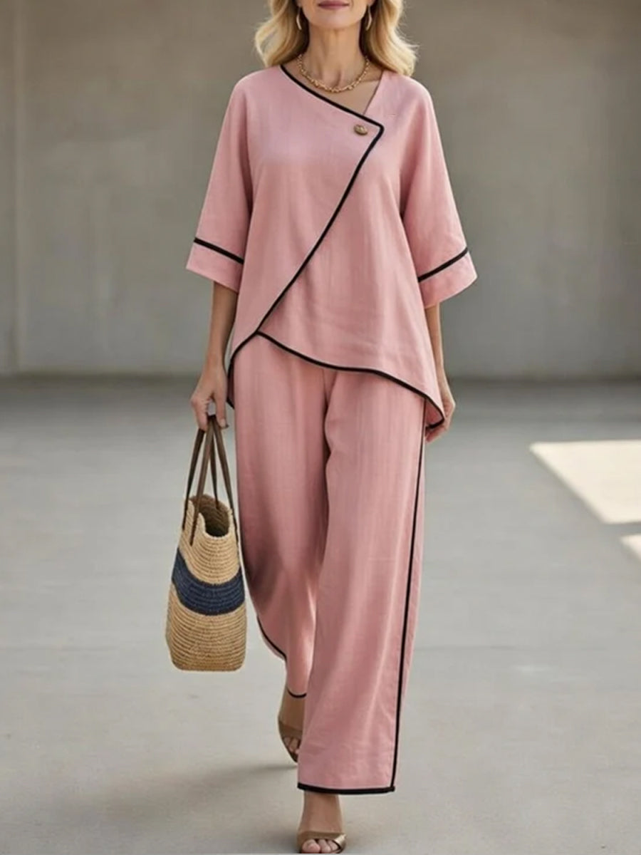 Women's Asymmetric Wrap Linen 2 Piece Pants Set