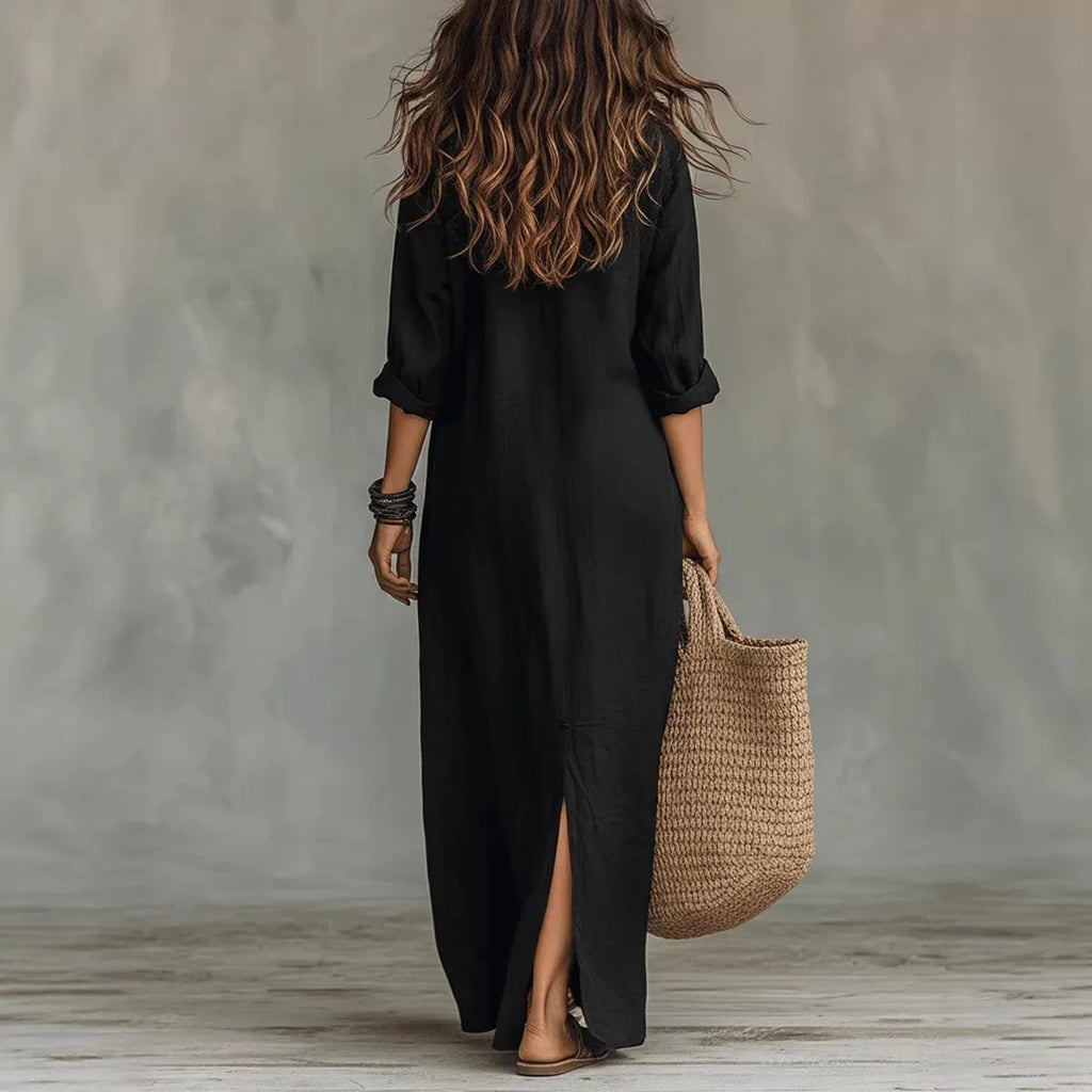 Women Lapel Half Button Maxi Shirt Dress Rolled 3/4 Sleeve Front High Slit Loose Boho Long Dress