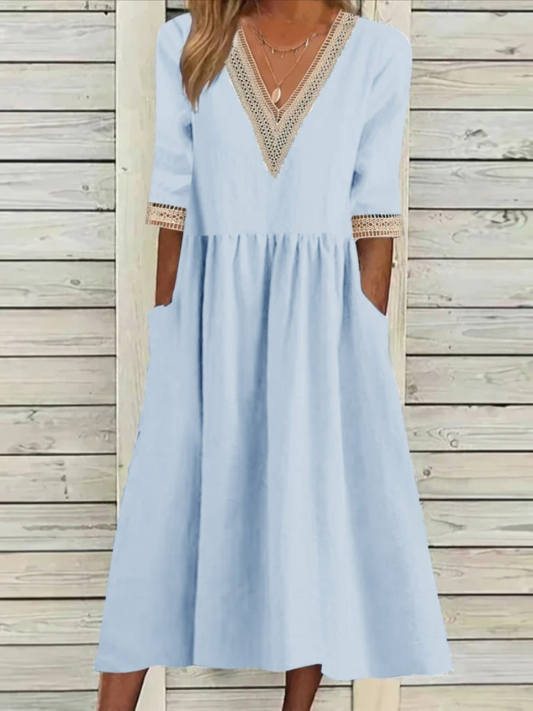 Women's V-Neck Lace Trim Midi Dress