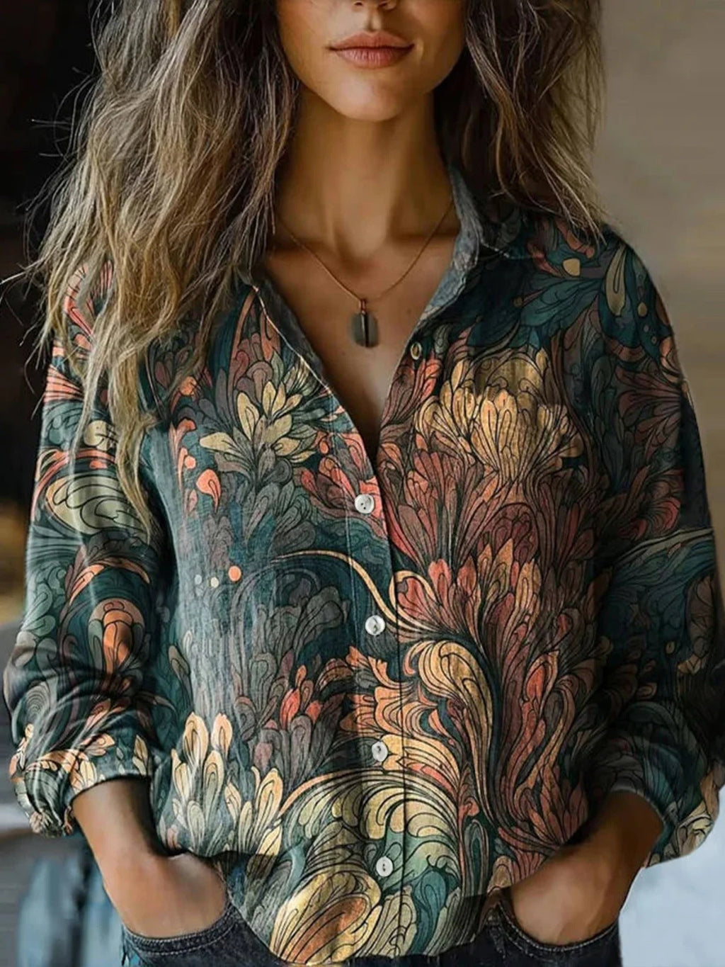 Retro Printed Long-sleeved Casual Shirt