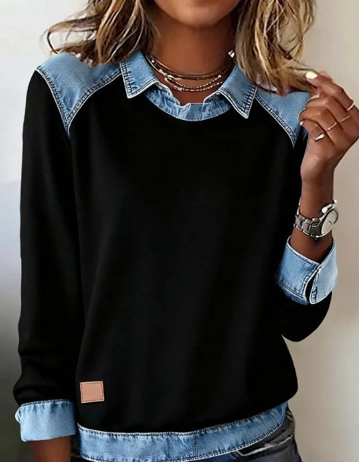 Denim Collar Patchwork Knit Pullover