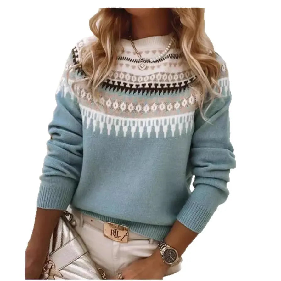 Ladies Vintage Nordic Jacquard Knit Top Crew Neck Long Sleeve Casual Sweater
