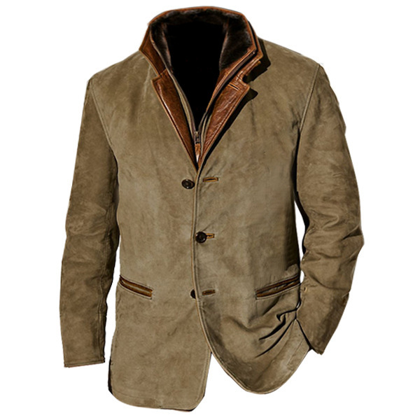 Men's Western Jackets Fleece Vintage Suede Leather Jacket 1/4 Zipper Button Winter Coat Casual Retro Outerwear
