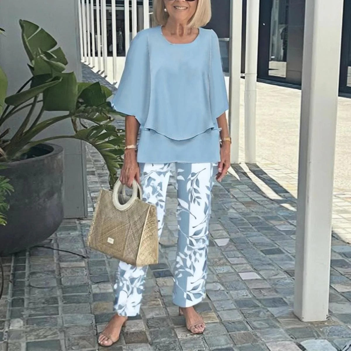 Women Round Neck Mid Sleeve Loose Top & Printed Straight Pants 2 Piece Co Ord Set