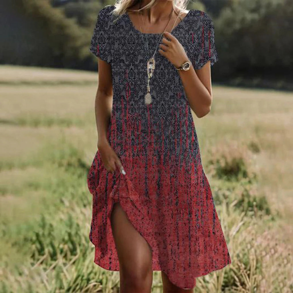Artistic ethnic style midi dress with a large round neck