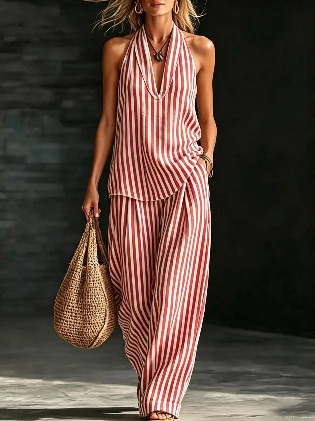 Relaxed Fit Vertical Stripe Two Piece Outfit, Ladies Backless Halter Top & High Waist Wide Leg Trousers Set