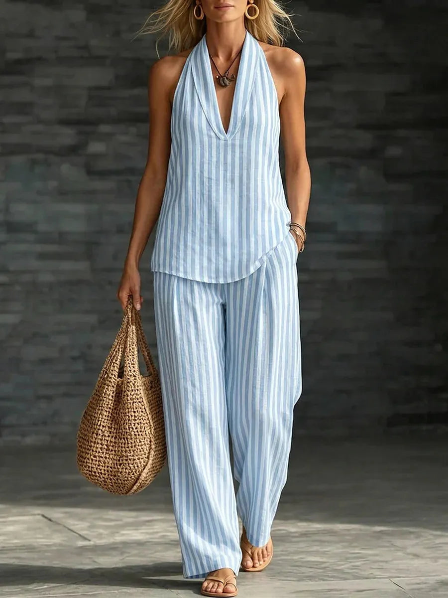 Relaxed Fit Vertical Stripe Two Piece Outfit, Ladies Backless Halter Top & High Waist Wide Leg Trousers Set