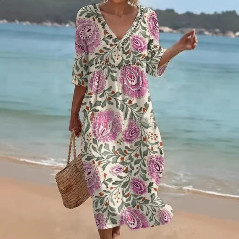 Women's V-Neck Floral & Print Midi Dress