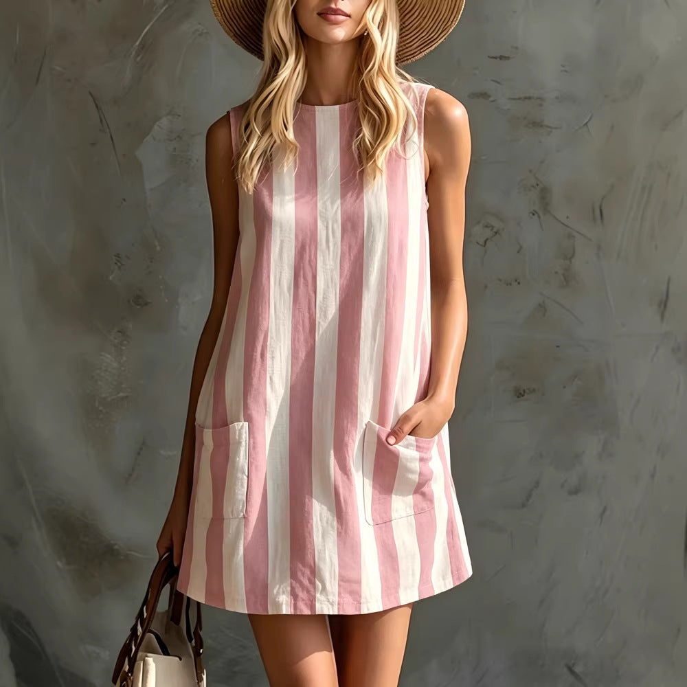 Summer Resort Women Vertical Stripe Loose Mini Dress