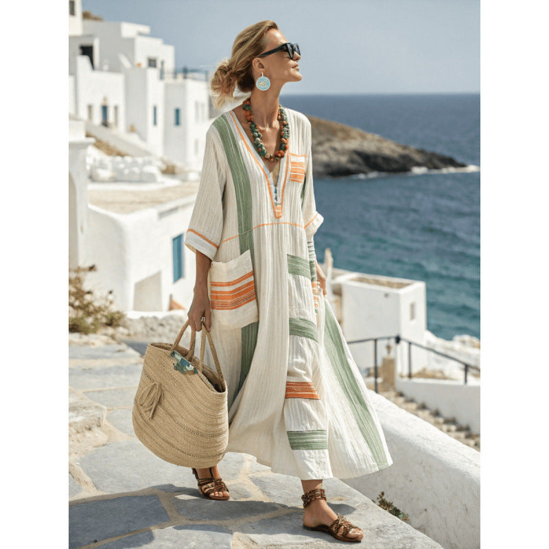 Women's V-Neck Linen-Blend Kaftan Dress