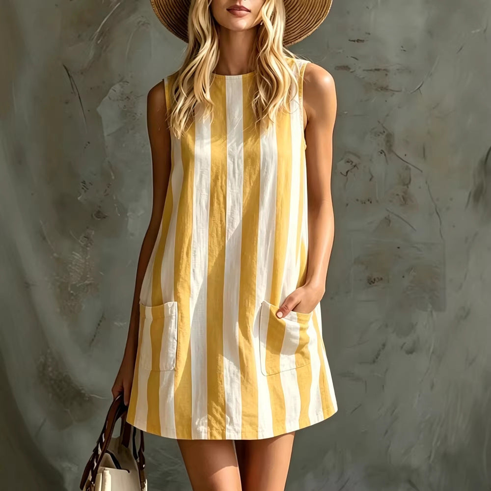 Summer Resort Women Vertical Stripe Loose Mini Dress