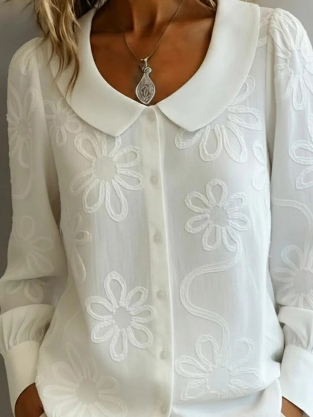 Embroidery Floral Long Sleeve Crew Neck Button Spring Loose Going Out Casual Top