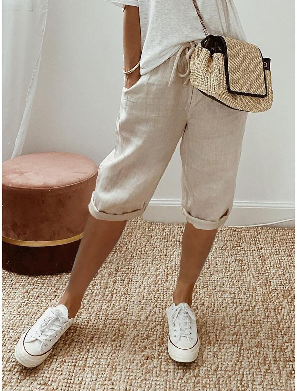 Women's Elastic Waist Casual Pants with Flap Pockets